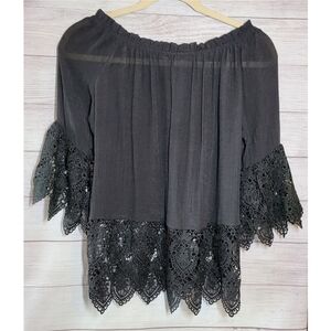Azucar Women's Tunic Black Size XL Bell Sleeves Lace Trim Off Shoulder Pleasant